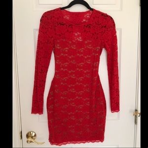 Express Red, Lace, Bodycon, Long Sleeve Dress